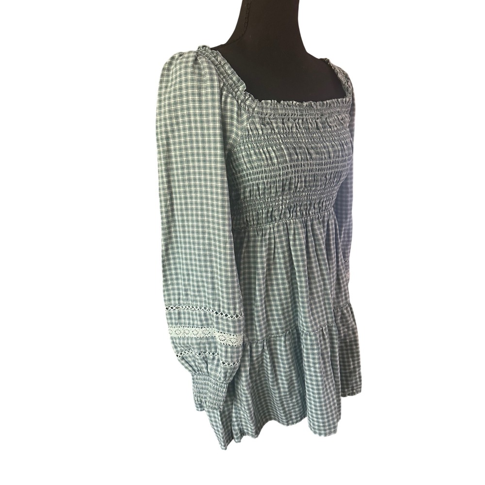 American Eagle Green Plaid Smocked Long Sleeve Mini Dress XS Cotton Lace Tiered